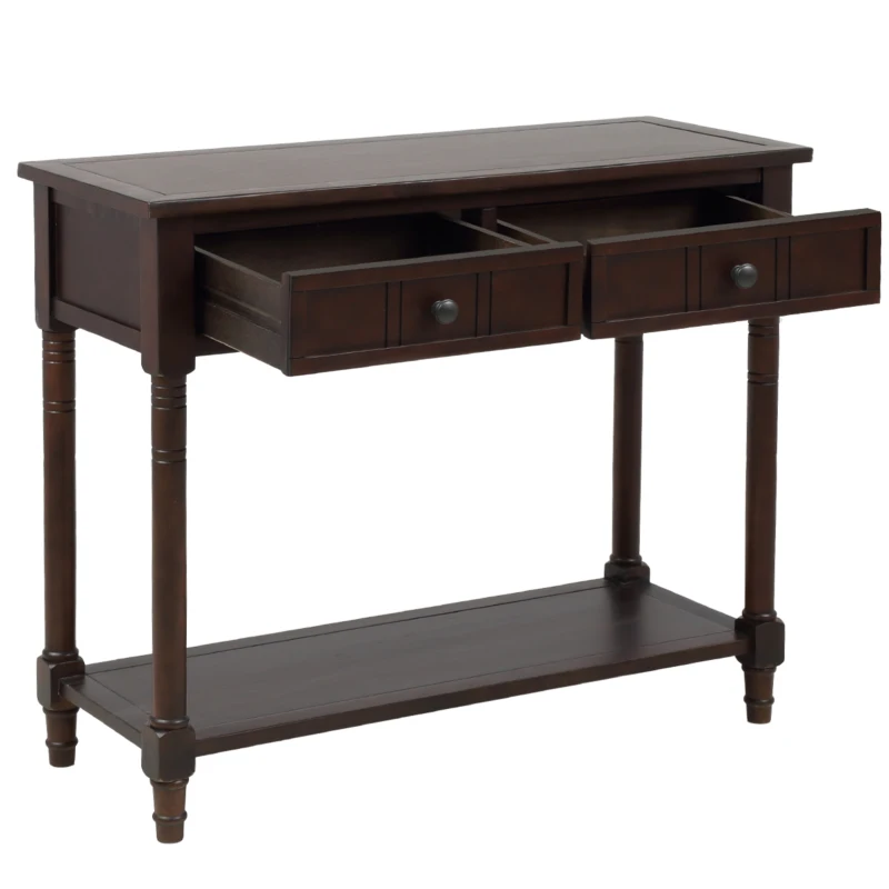 Daisy Series Console Table with Two Drawers and Bottom Shelf, Traditional Design, Pine Wood Frame, 35.5" L x 14" W x 30" H, Dark Brown