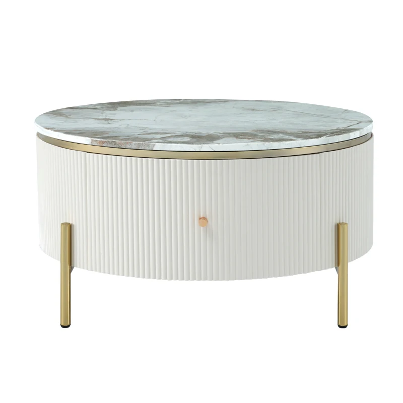 Modern Round Coffee Table with 2 Large Drawers, MDF Construction and Golden Legs, 31.5" L x 31.5" W x 17" H, Gold+White