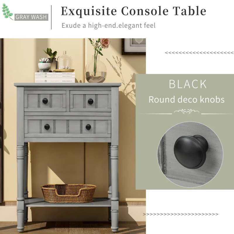 Narrow Console Table with 3 Storage Drawers, Bottom Shelf, Solid Wood Frame, Ideal for Entryway, Living Room, 24" L x 13" W x 31" H, Gray