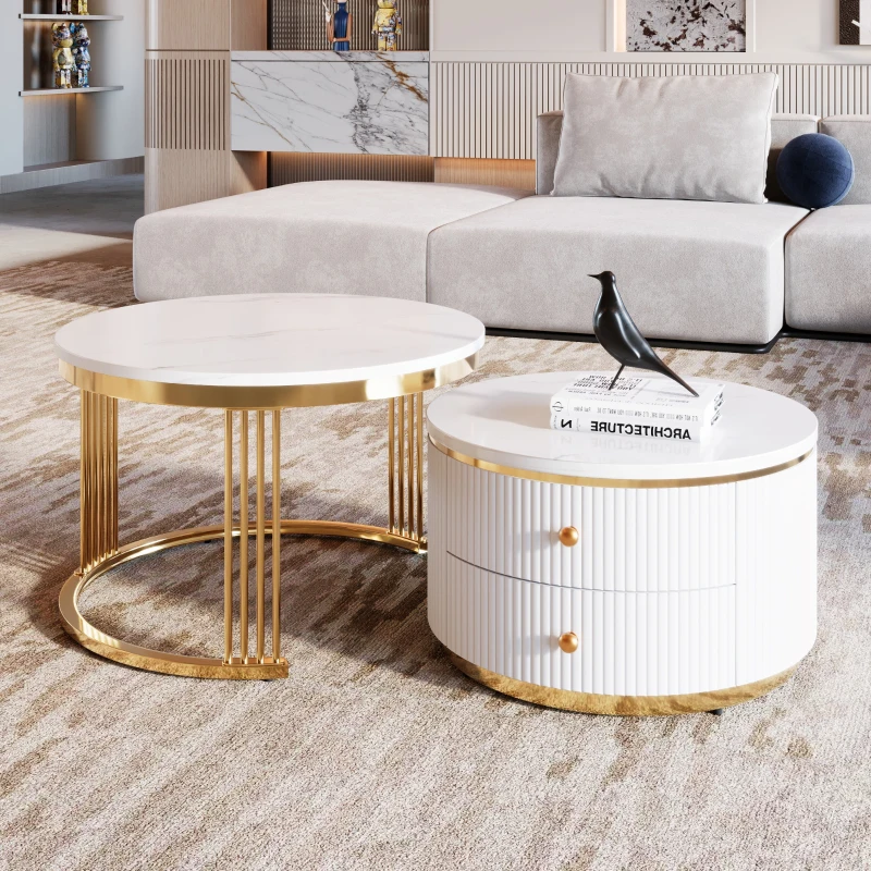 Modern Round Nesting Coffee Table Set with Drawers, MDF Top and Gold Legs, 2 Piece Set, 27.5" L x 27.5" W x 17.5" H, White+Gold