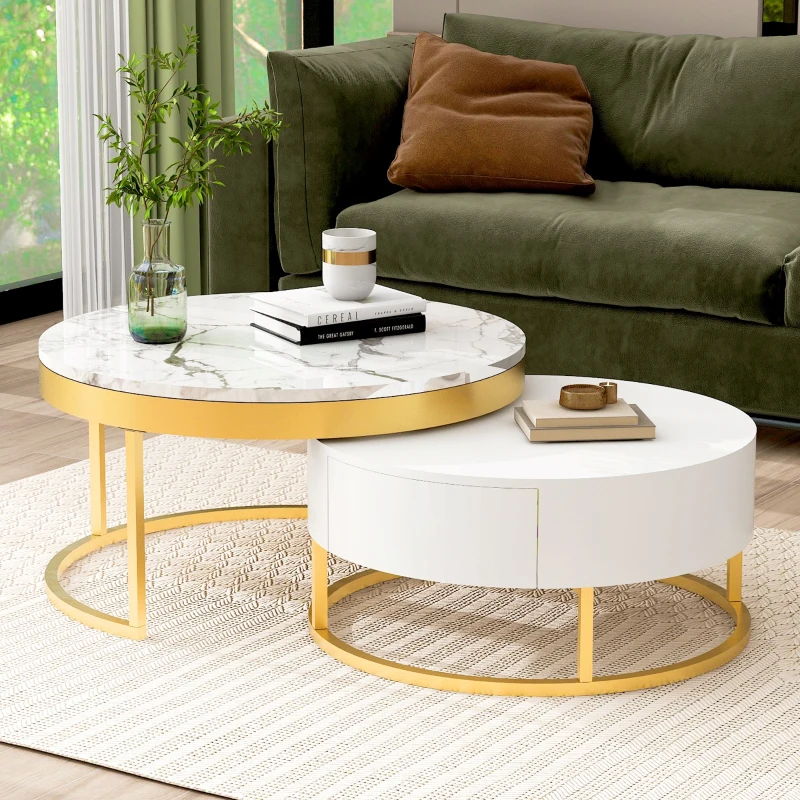 Modern Round Nesting Coffee Table with Drawers, MDF and Metal Pedestal Base, Durable Construction, 31.5" L x 31.5" W x 17" H, Gold+White