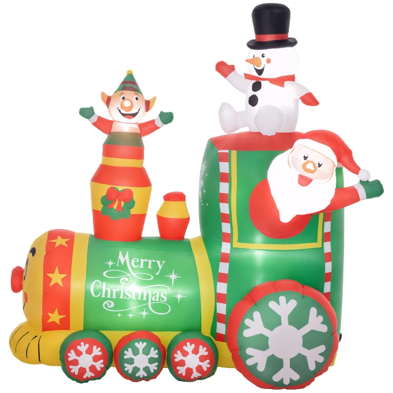Outsunny 6FT Inflatable Train with Santa Claus, Snowman, Blow-Up Outdoor Display w/ White LED Lights for Party