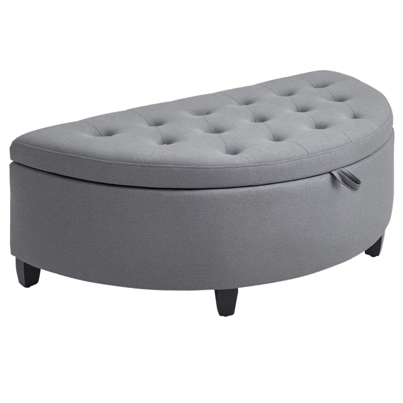 HOMCOM Half Moon Storage Ottoman, Upholstered Button Tufted Storage Bench with Lift Lid and Wood Legs, for Living Room, Entryway, Gray