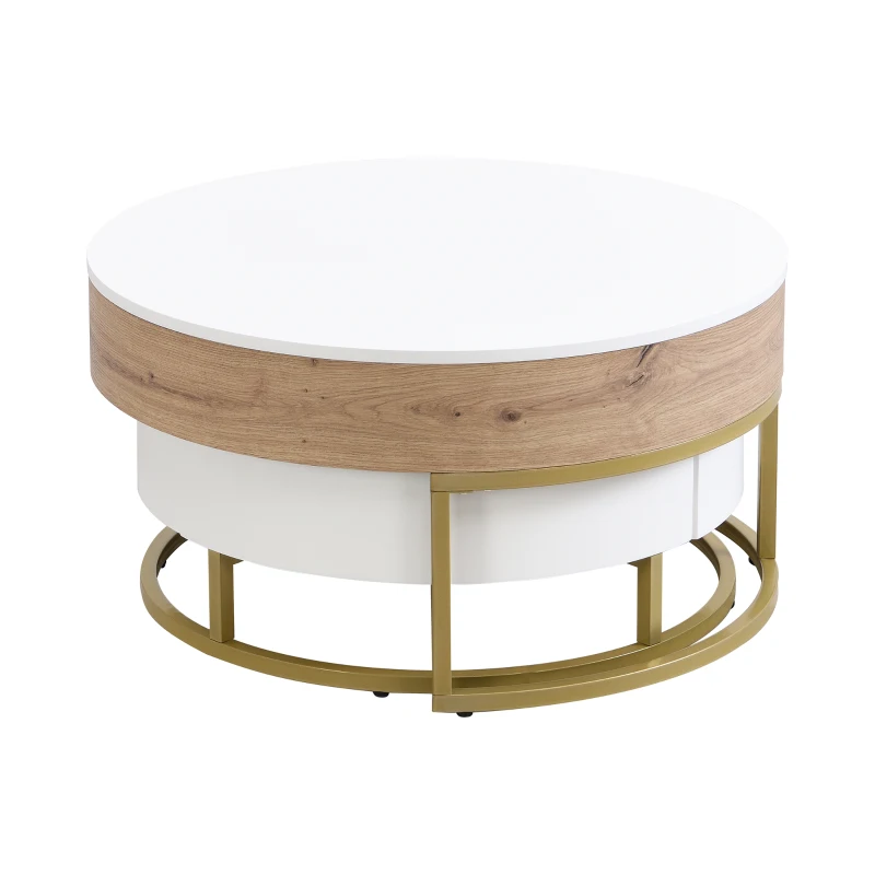 Modern Round Lift-top Nesting Coffee Tables with Hydraulic Lifting System, Space-saving Design, 31.5" L x 31.5" W x 16" H, Natural+White