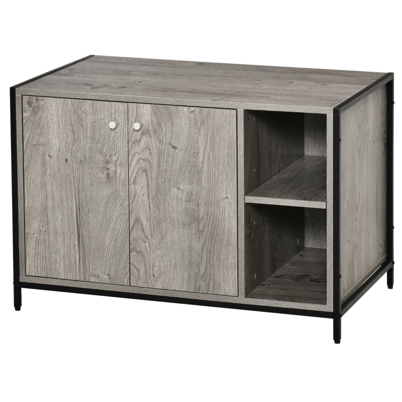 PawHut Large Wooden & Steel Cat Litter Box Enclosure, Kitten Washroom End Table, Indoor Hidden Cat House with Magnetic Doors & Storage Shelves, Gray