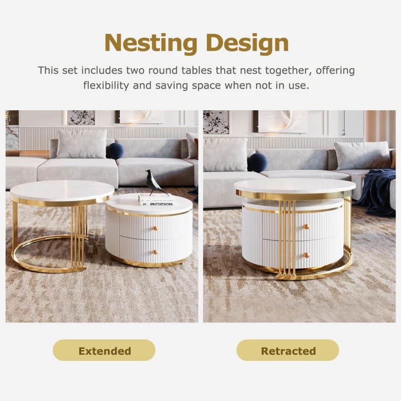 Modern Round Nesting Coffee Table Set with Drawers, MDF Top and Gold Legs, 2 Piece Set, 27.5" L x 27.5" W x 17.5" H, White+Gold