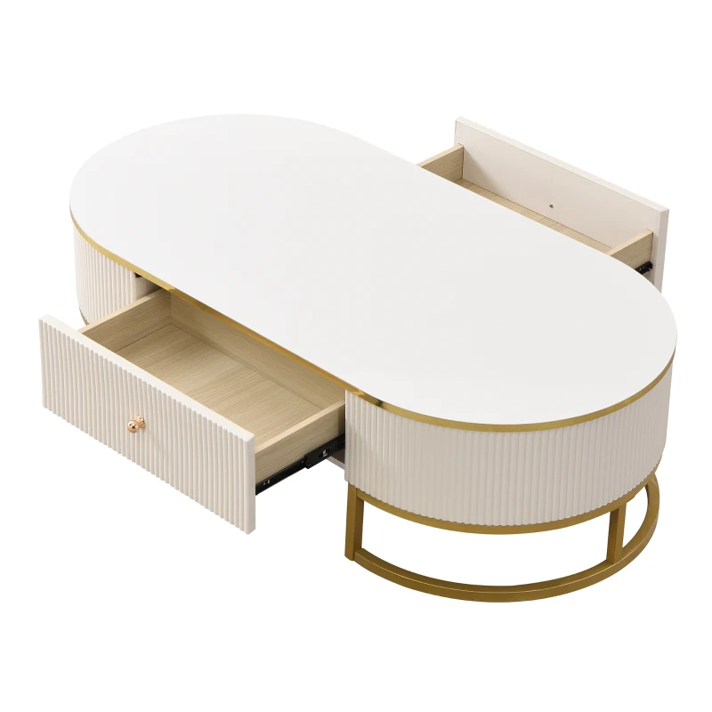 Modern High-Gloss Oval Coffee Table with Storage Drawers, Gold Lacquered Metal Base, Curved Design, 47" L x 23.5" W x 14.5" H, White+Gold