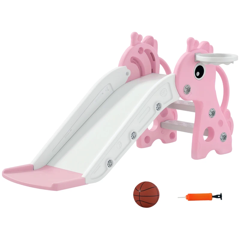 Qaba 3 in 1 Toddler Slide for Age 1-3, Kids Slide with Climber, Basketball Hoop and Ball, Giraffe Design, Pink
