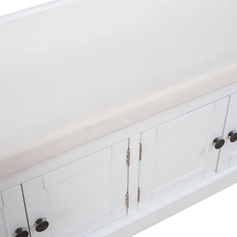 Storage Bench with 4 Doors and Adjustable Shelves, Shoe Bench with Removable Cushion for Entryway, 43" L x 16" W x 17.5" H, White