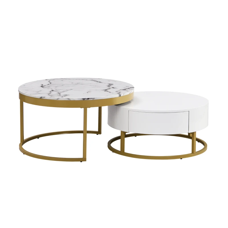 Modern Round Nesting Coffee Table with Drawers, MDF and Metal Pedestal Base, Durable Construction, 31.5" L x 31.5" W x 17" H, Gold+White