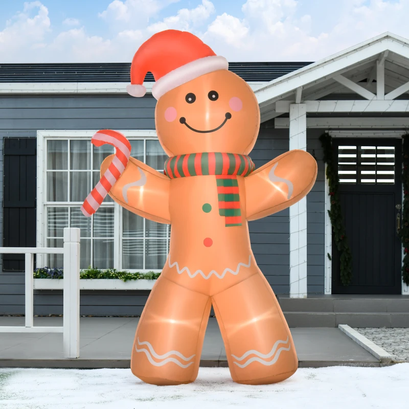 HOMCOM 8ft Christmas Inflatable Gingerbread Man with a Candy Cane, Outdoor Blow-Up Yard Decoration with LED Lights Display