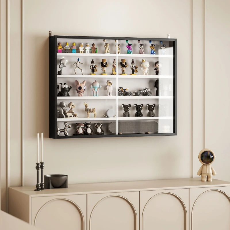 HOMCOM 5-Tier Display Cabinet, Wall-Mounted Display Case with 2 Glass Doors and Adjustable Shelves, Black