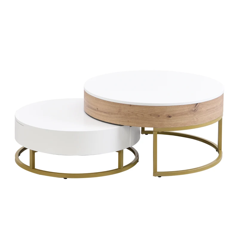 Modern Round Lift-top Nesting Coffee Tables with Hydraulic Lifting System, Space-saving Design, 31.5" L x 31.5" W x 16" H, Natural+White