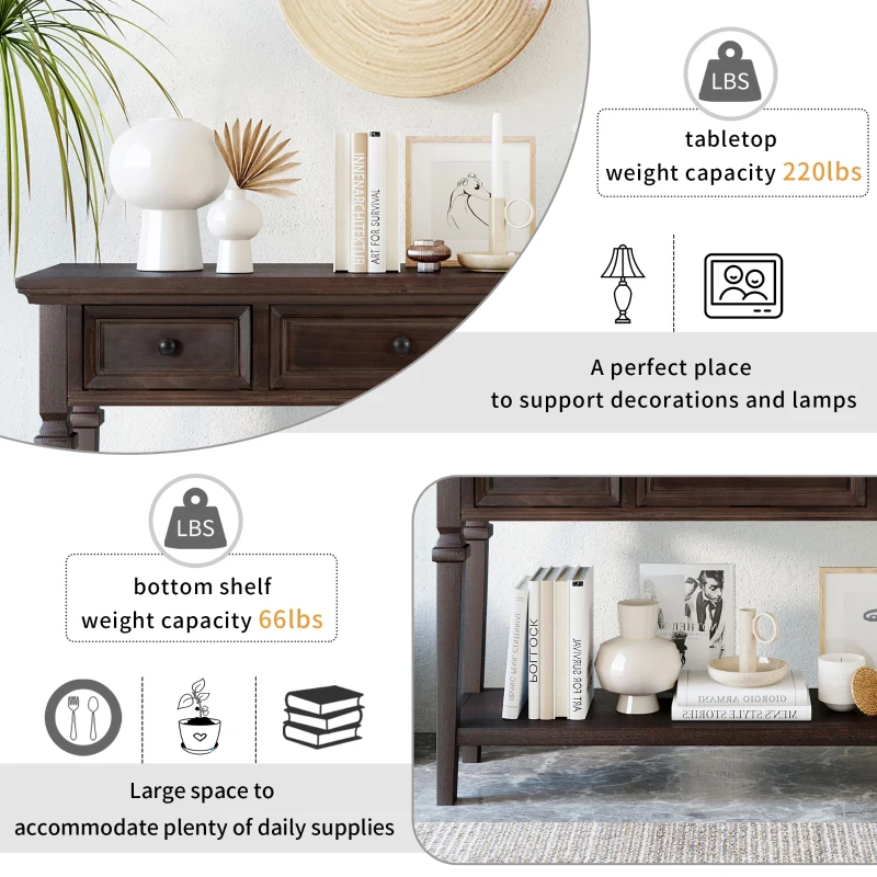 Classic Retro Console Table with 3 Drawers, Open Shelf, Pine Wood Frame, Perfect for Entryway, Living Room, 50" L x 15" W x 30" H, Dark Brown