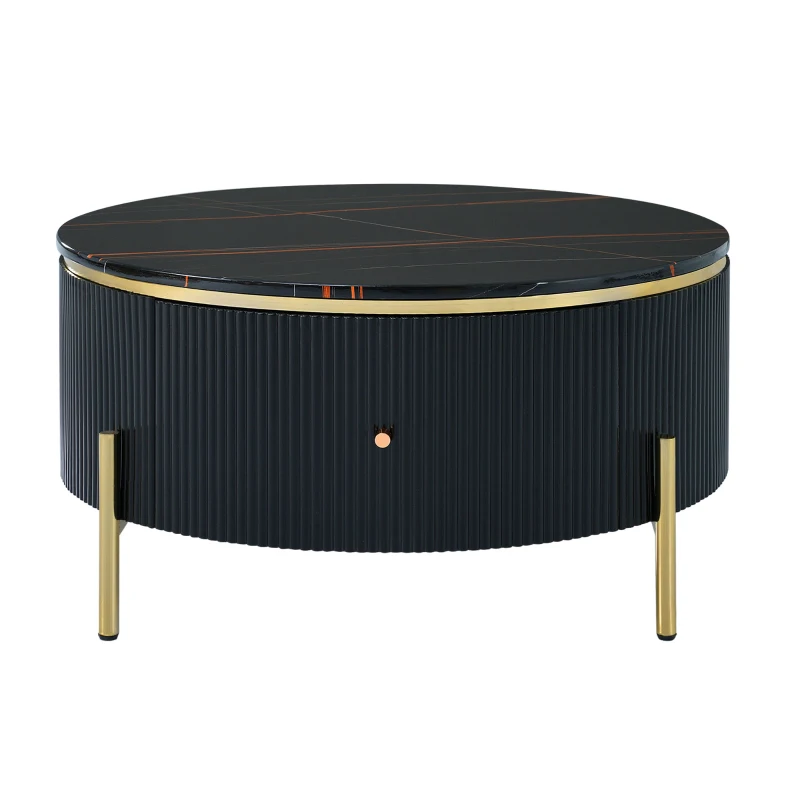 Modern Round Coffee Table with 2 Large Drawers, MDF Construction, Mrable Sofa Table with Golden Legs, 31.5" L x 31.5" W x 17" H, Black+Gold