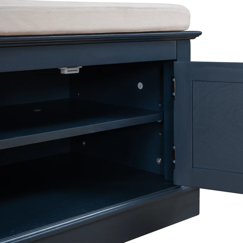 Storage Bench with 4 Doors and Comfortable Seating, Adjustable Shelves and Removable Cushion for Entryway, 43" L x 16" W x 17.5" H, Antique Navy