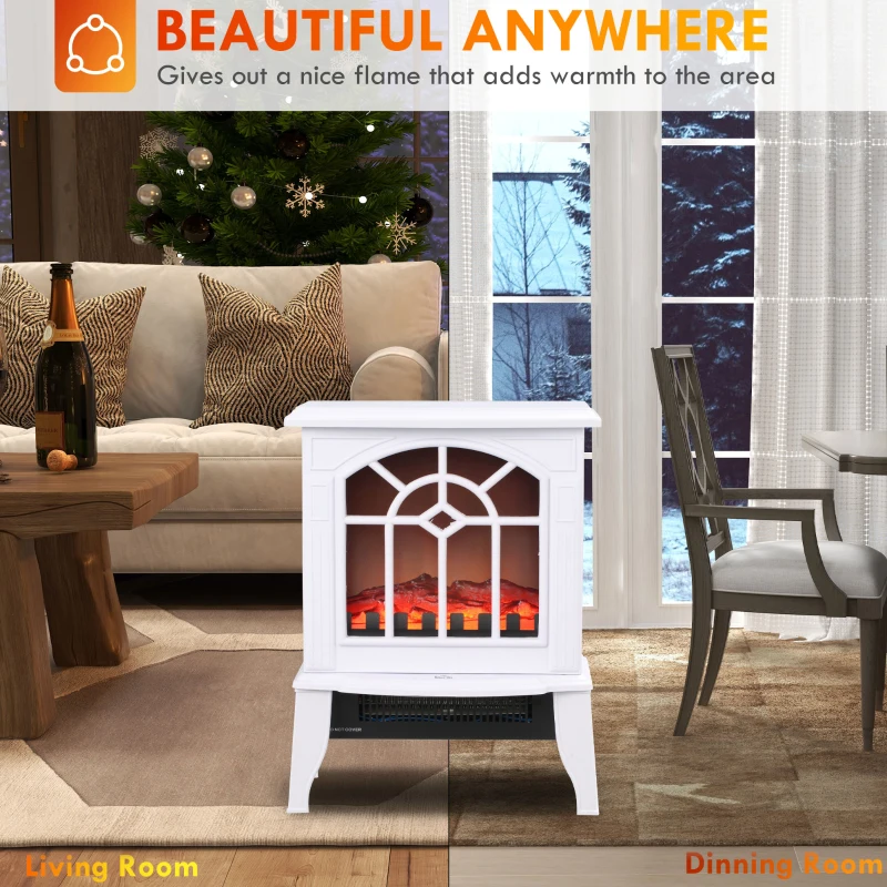 HOMCOM Electric Fireplace Heater, Freestanding Fireplace Stove with Realistic Flames Overheating Protection 750W/1500W, White