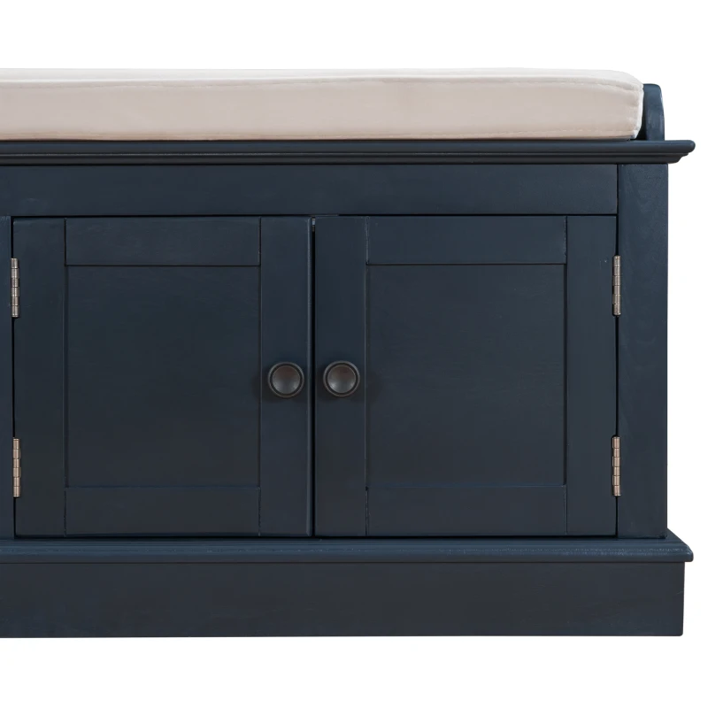 Storage Bench with 4 Doors and Comfortable Seating, Adjustable Shelves and Removable Cushion for Entryway, 43" L x 16" W x 17.5" H, Antique Navy