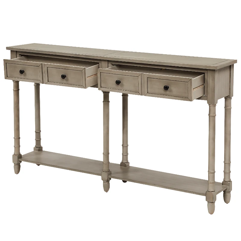 Console Table with Two Storage Drawers and Bottom Shelf, Solid Wood Frame, Easy Assembly, 58" L x 11" W x 34" H, Gray
