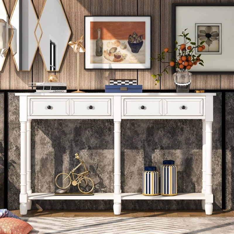 Console Table with Two Storage Drawers and Bottom Shelf, Easy Assembly for Living Room or Entryway, 58" L x 11" W x 34" H, Ivory White