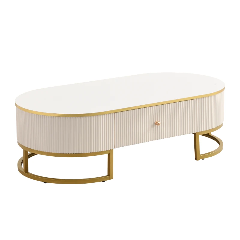 Modern High-Gloss Oval Coffee Table with Storage Drawers, Gold Lacquered Metal Base, Curved Design, 47" L x 23.5" W x 14.5" H, White+Gold