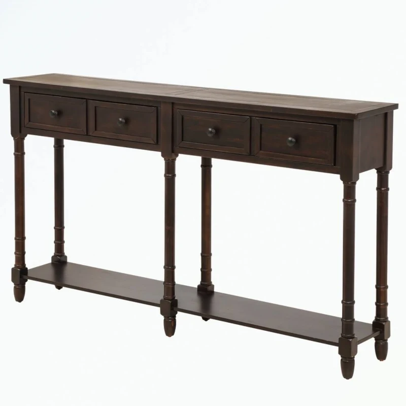 Console Table with Two Storage Drawers and Bottom Shelf, Easy Assembly, Solid Wood Frame, 58" L x 11" W x 34" H, Dark Brown