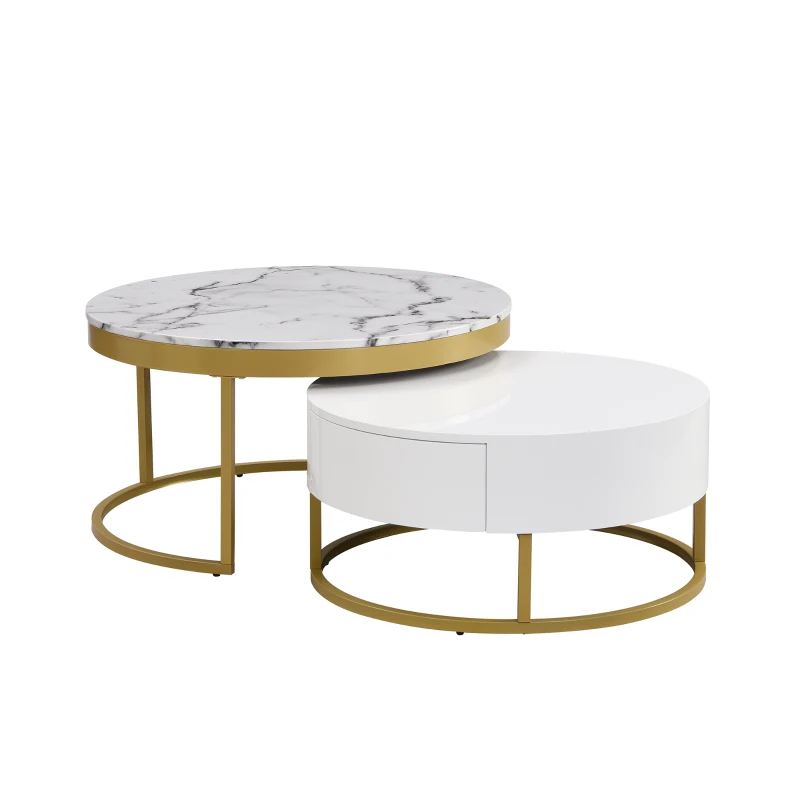 Modern Round Nesting Coffee Table with Drawers, MDF and Metal Pedestal Base, Durable Construction, 31.5" L x 31.5" W x 17" H, Gold+White