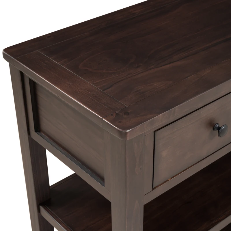 Retro Style Console Table with 3 Drawers and 2 Open Shelves, Pine Wood Frame, Circular Handles, 50" L x 16" W x 30" H, Dark Brown
