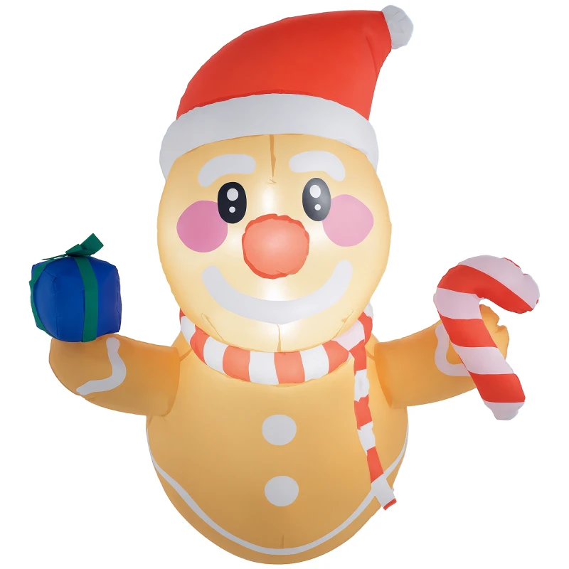 Outsunny 3.4' Inflatable Hanging Gingerbread Man Holding Gift Box & Candy Cane w/ LED Lights, Blow-Up Outdoor Display for Party