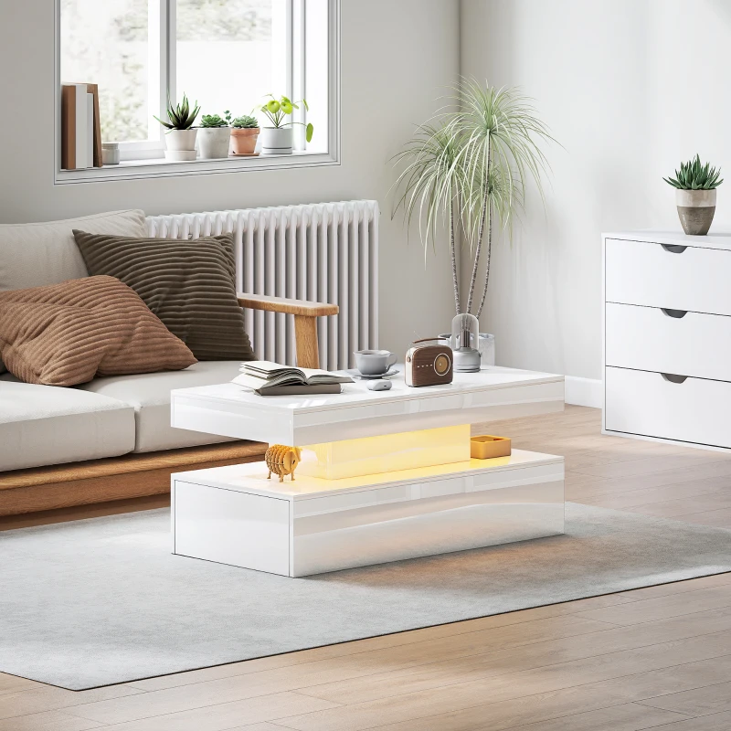HOMCOM LED Coffee Table, Living Room Table with 2 Drawers and Open Shelf, High Gloss White