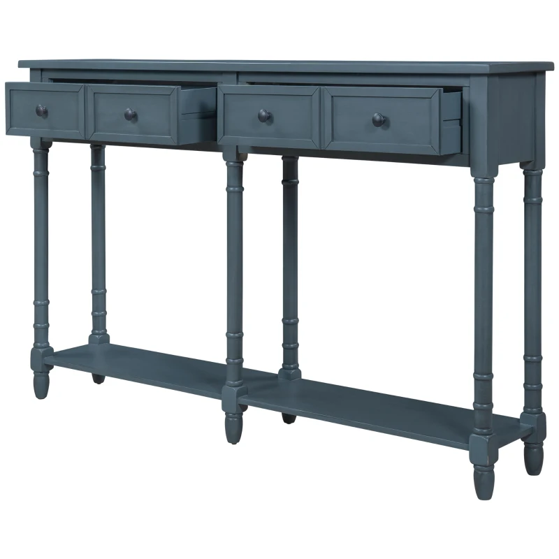 Console Table with Two Storage Drawers and Bottom Shelf, Solid Wood Frame, Easy Assembly, 58" L x 11" W x 34" H, Navy Blue