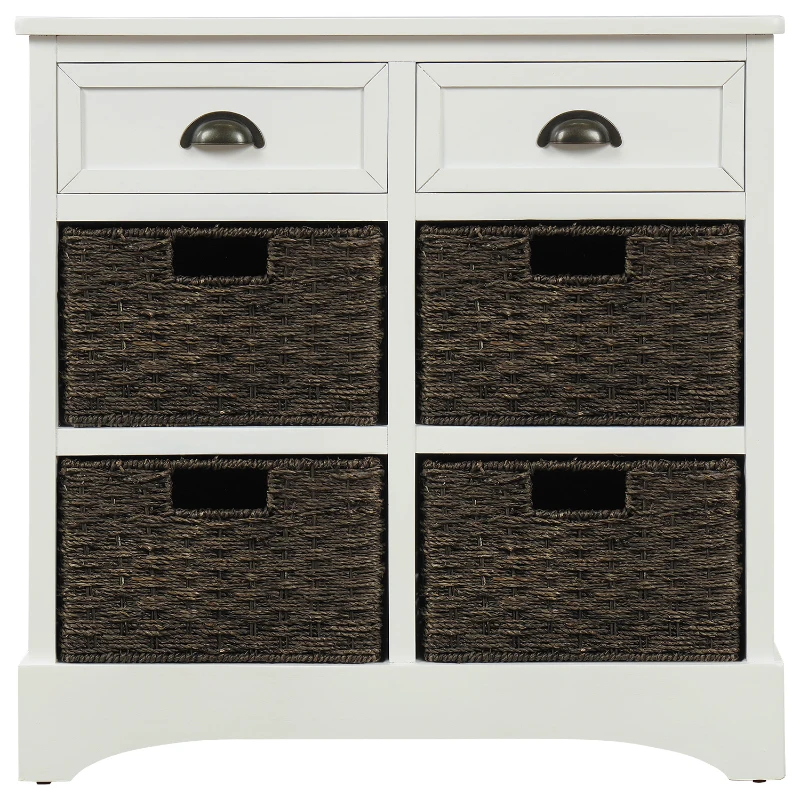 Rustic Storage Cabinet with Two Drawers and Four Rattan Baskets, Modern Farmhouse Style, Acacia Wood Frame, 28" L x 12" W x 28" H, White