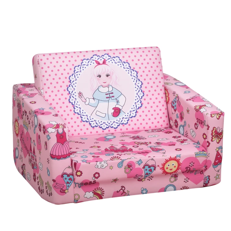 Qaba Kids Fold-Out Couch/Chair Lounger with Space-Themed Washable Fabric & Removable Cushion for 3-6 Years Old, Pink