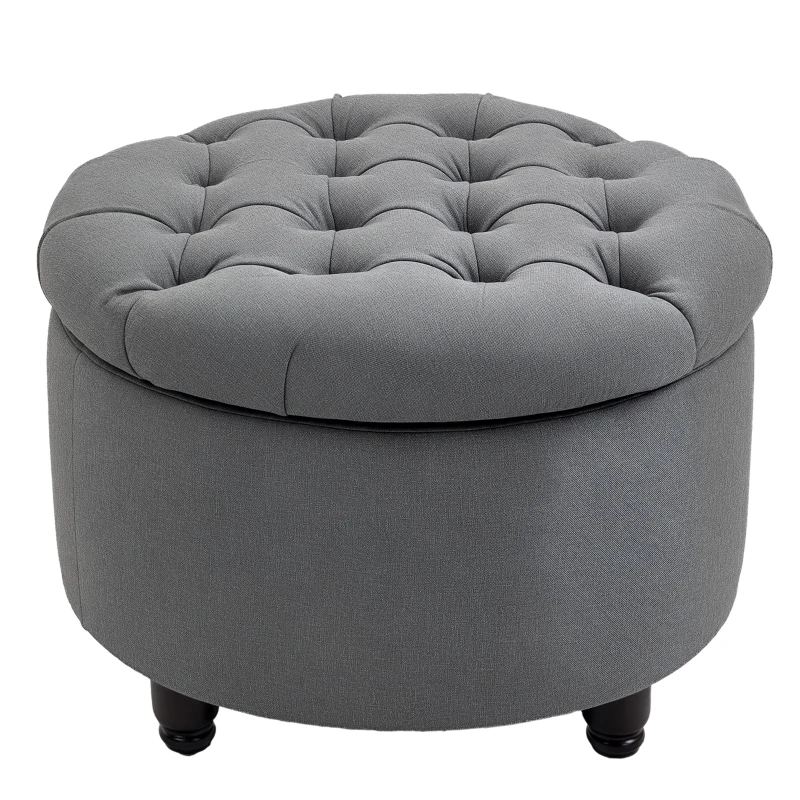HOMCOM Round Linen-touch Fabric Storage Footstool Ottoman Button Tufted Footrest with Removable Lid, Grey