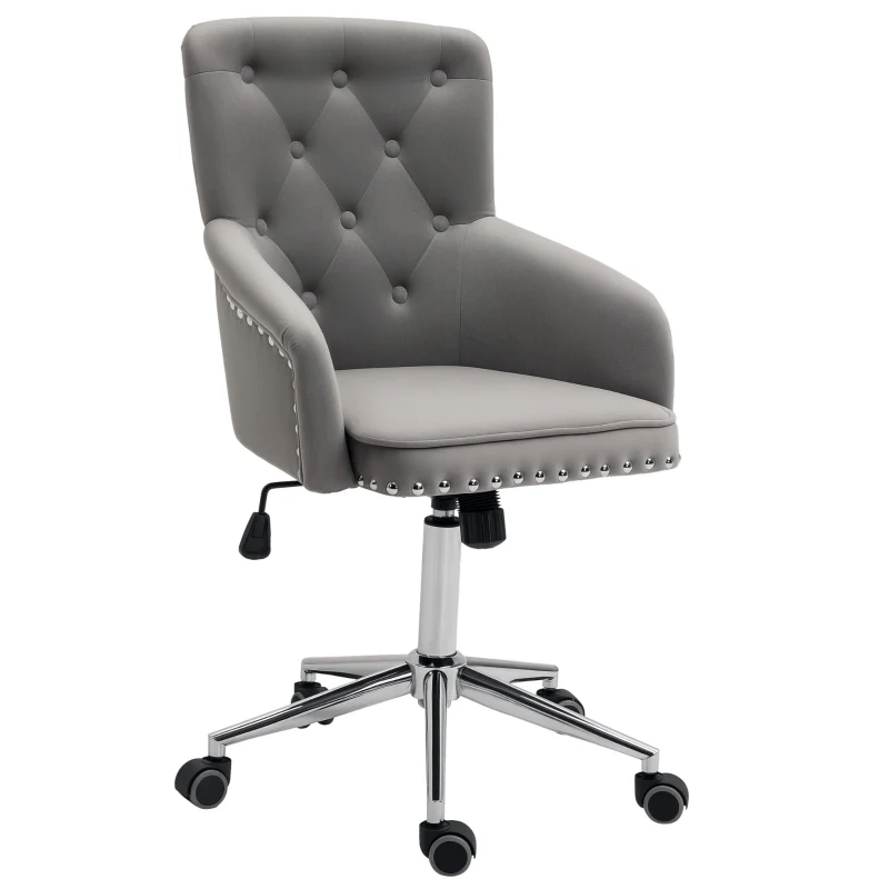 HOMCOM Modern Mid-back Desk Chair with Button Tufted Velvet Back, Nailhead Trim, Swivel Home Office Chair with Adjustable Height, Curved Padded Armrests, Gray