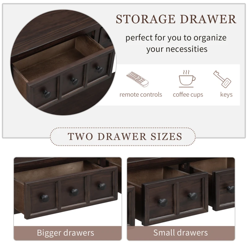 Rustic Entryway Console Table with Two Size Drawers, Bottom Shelf, Solid Timber Frame, Distressed Finish, 60" L x 11" W x 34" H, Dark Brown