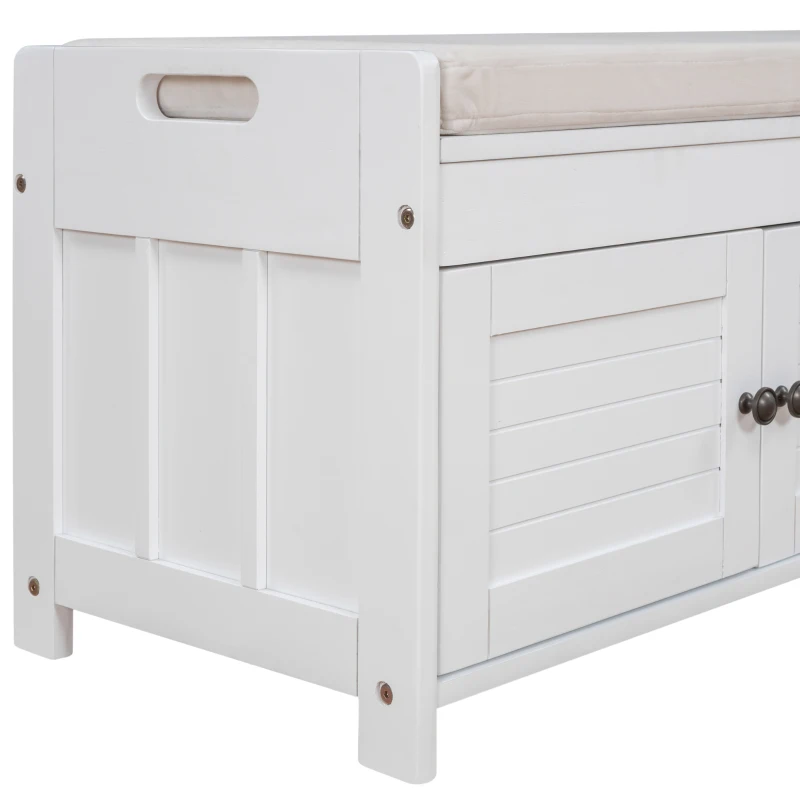 Rustic Storage Bench with Shutter-shaped Doors, Removable Cushion and Hidden Storage, 43.5" L x 16 " W x 18" H, White