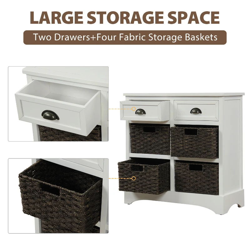 Rustic Storage Cabinet with Two Drawers and Four Rattan Baskets, Modern Farmhouse Style, Acacia Wood Frame, 28" L x 12" W x 28" H, White