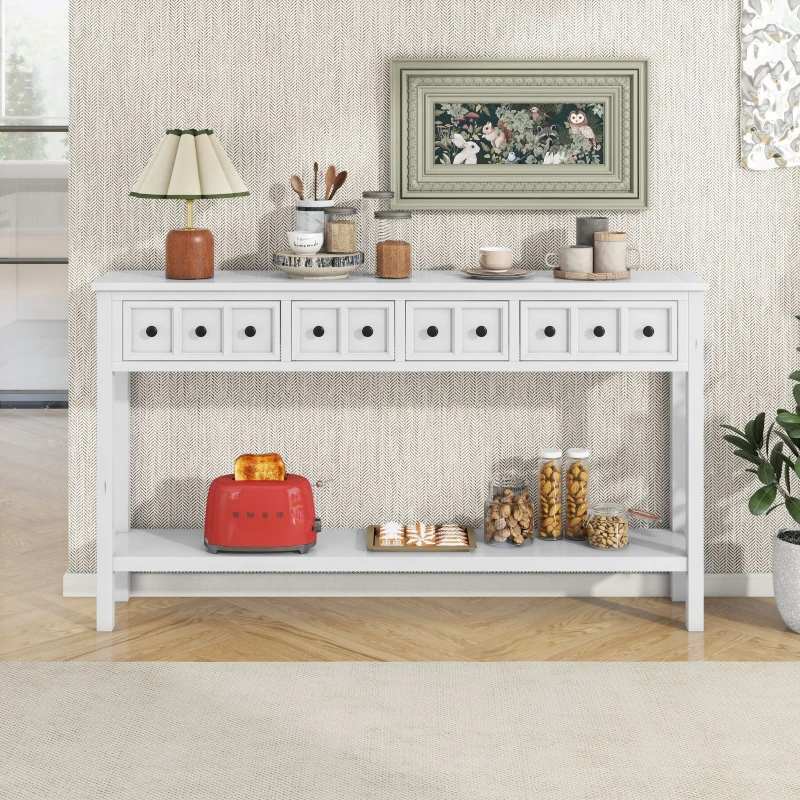 Rustic Entryway Console Table with Two Sizes of Drawers, Bottom Shelf, Ideal for Living Room, Hallway, 60" L x 11" W x 34" H, White
