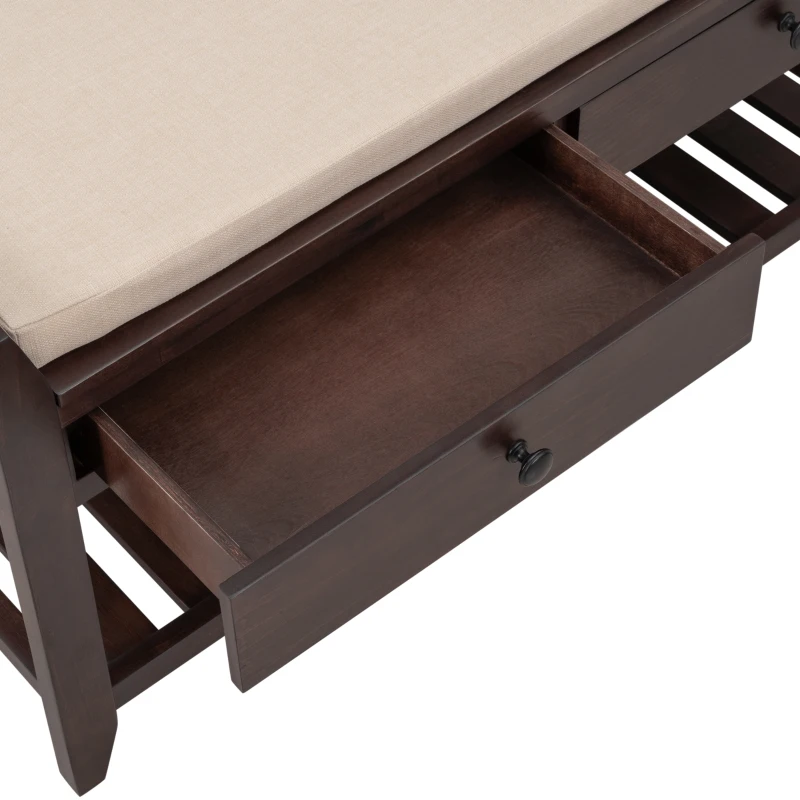 Shoe Rack with Cushioned Seat and Drawers, Pine Wood Construction, Multipurpose Entryway Storage Bench, 39" L x 14" W x 20" H, Dark Brown