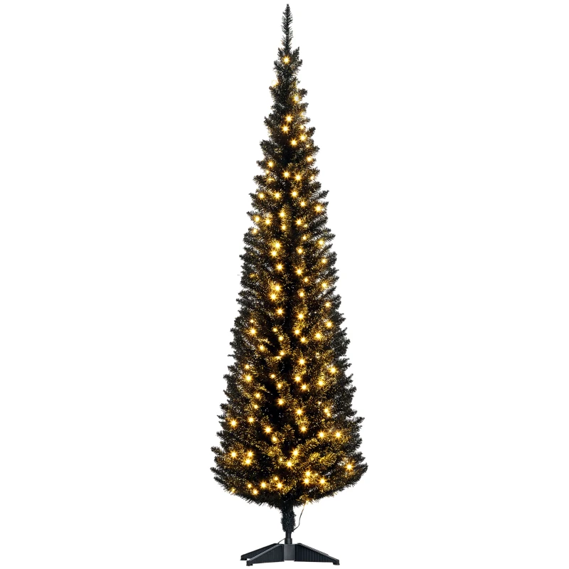 HOMCOM 6ft Pencil Christmas Tree, Slim Artificial Christmas Tree with Realistic Branches and Warm White LED Lights, Black