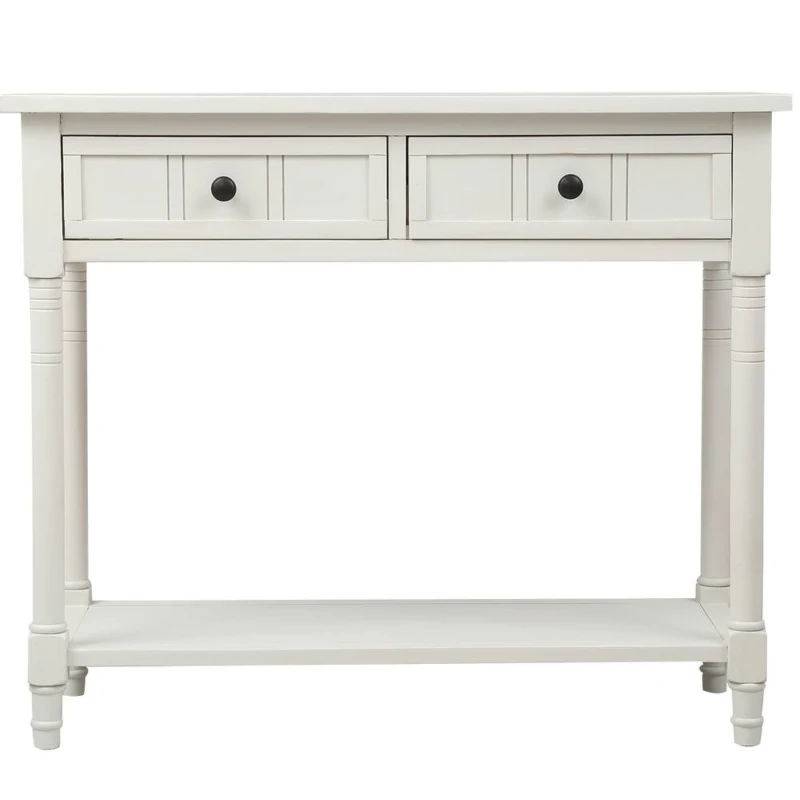 Daisy Series Console Table with Two Drawers and Bottom Shelf, Easy Assembly, Pine Wood Frame, 35.5" L x 14" W x 30" H, Ivory White