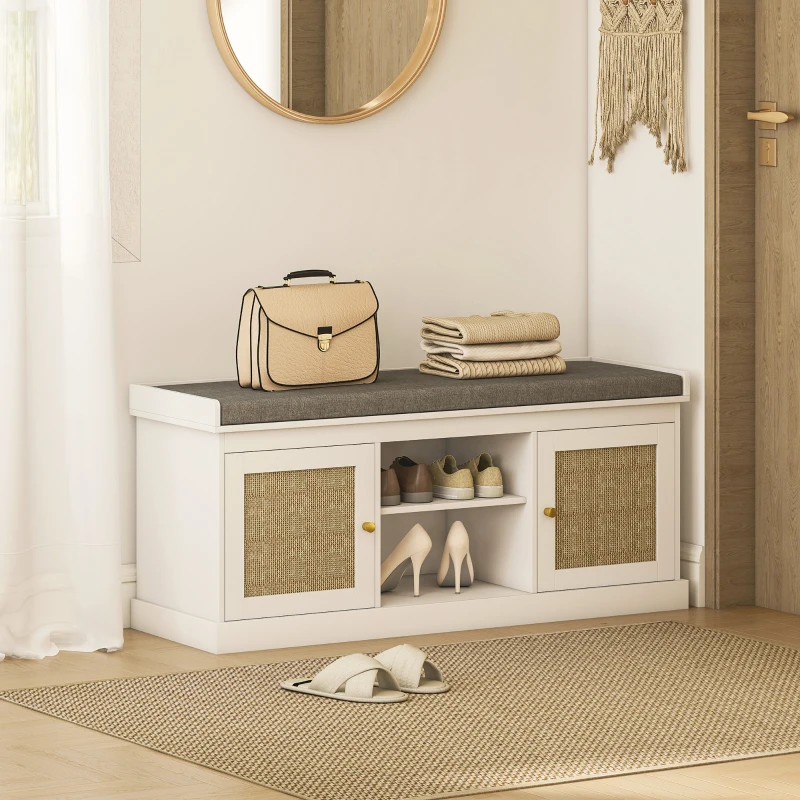 HOMCOM Shoe Bench with Padded Cushion, Boho Entryway Bench with Rattan Doors and Adjustable Shelves, Holds 9 Pairs, White