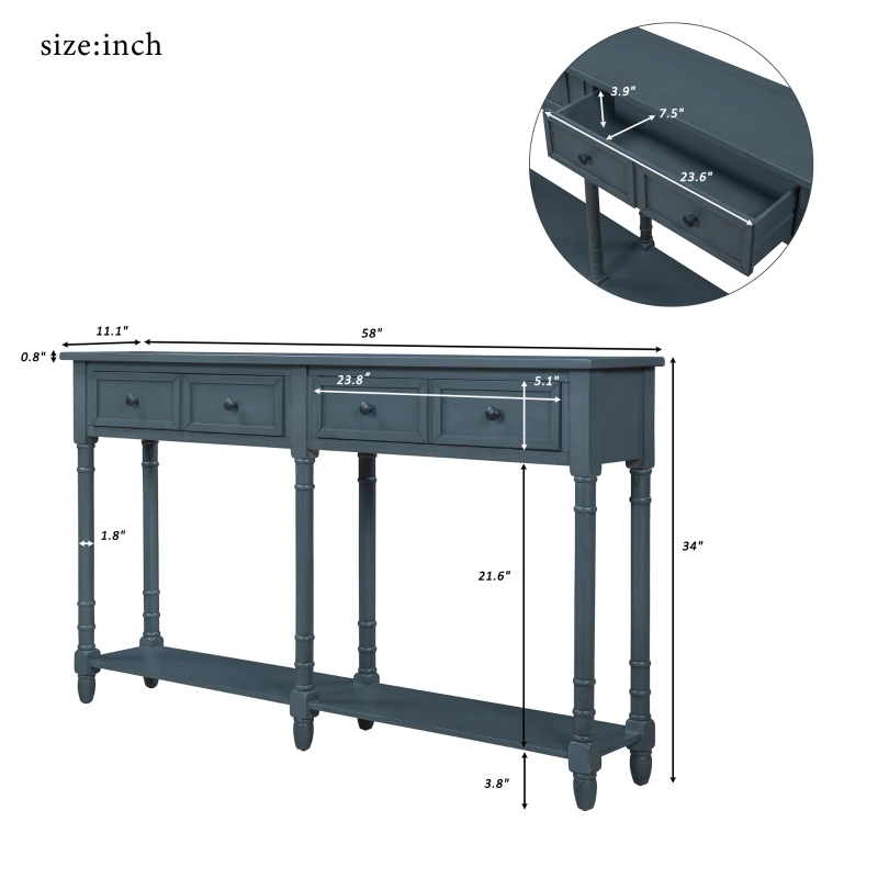 Console Table with Two Storage Drawers and Bottom Shelf, Solid Wood Frame, Easy Assembly, 58" L x 11" W x 34" H, Navy Blue