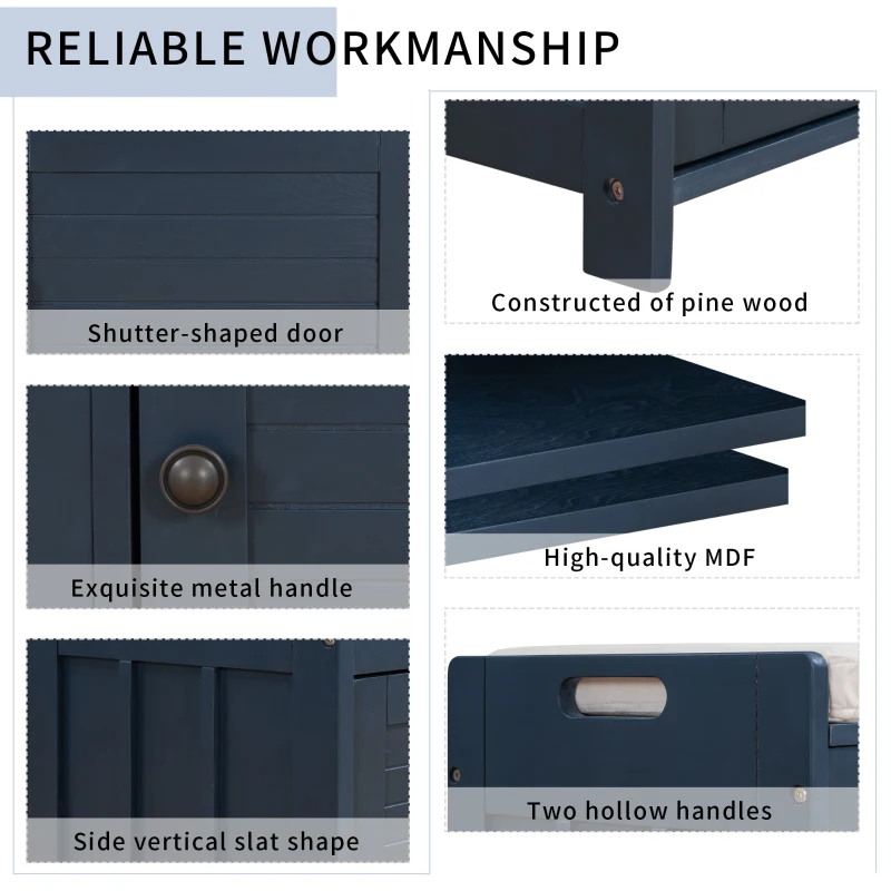 Rustic Storage Bench with Shutter-shaped Doors, Hidden Storage and Removable Cushion, 43.5" L x 16 " W x 18" H, Antique Navy