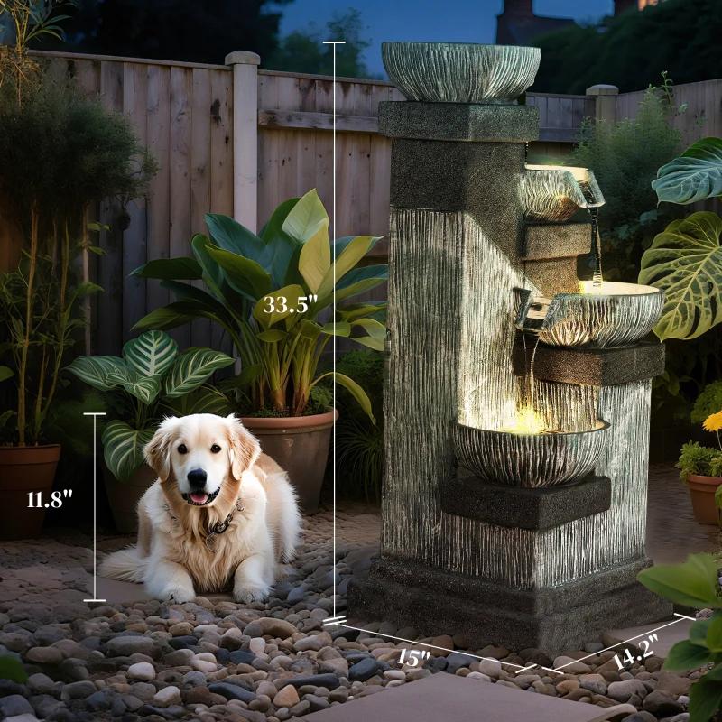 Outsunny 33.5" Water Fountain, 4-Tier Resin Cascading Bowls Outdoor Waterfall Fountain with LED Lights, Pump