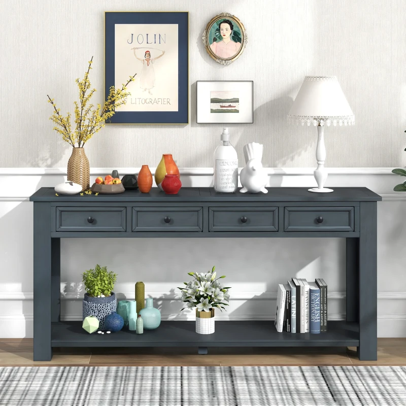 Rustic Chic Console Table with Storage Drawers, Bottom Shelf, Solid Wood Frame, Ideal for Entryway, Hallway, 63" L x 14" W x 30" H, Navy