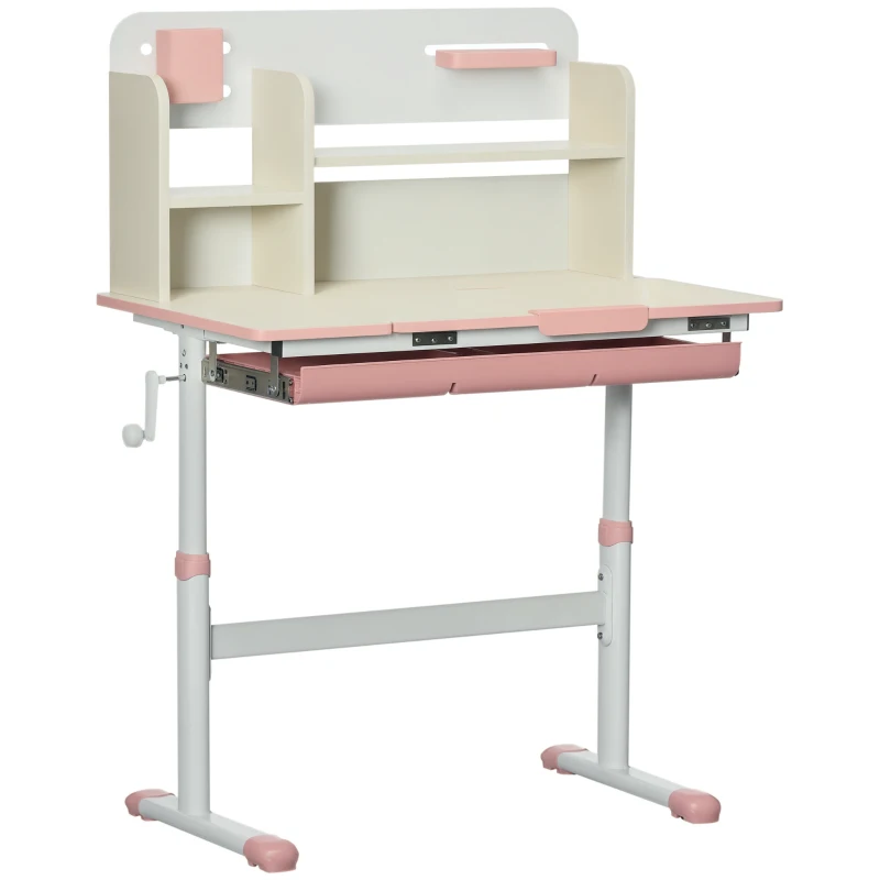 Qaba Wooden Kids Study Desk, Height Adjustable Children School Study Table, Student Writing Desk with Tilt Desktop, Drawer, Storage Shelf, Pen Holder, Pink