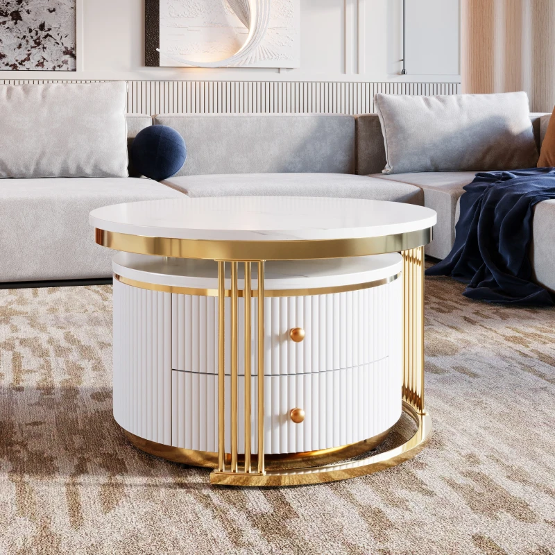 Modern Round Nesting Coffee Table Set with Drawers, MDF Top and Gold Legs, 2 Piece Set, 27.5" L x 27.5" W x 17.5" H, White+Gold