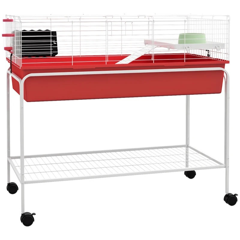 PawHut Two-Story Small Animal Cage Removable from Stand, Pet Habitat with Shelf & Wheels, 39" x 20.5" x 36.5", Red